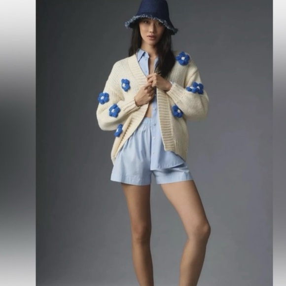 Anthropologie Maeve Susannah 3D Flower Cardigan Ivory BlueRibbed Sweater OS